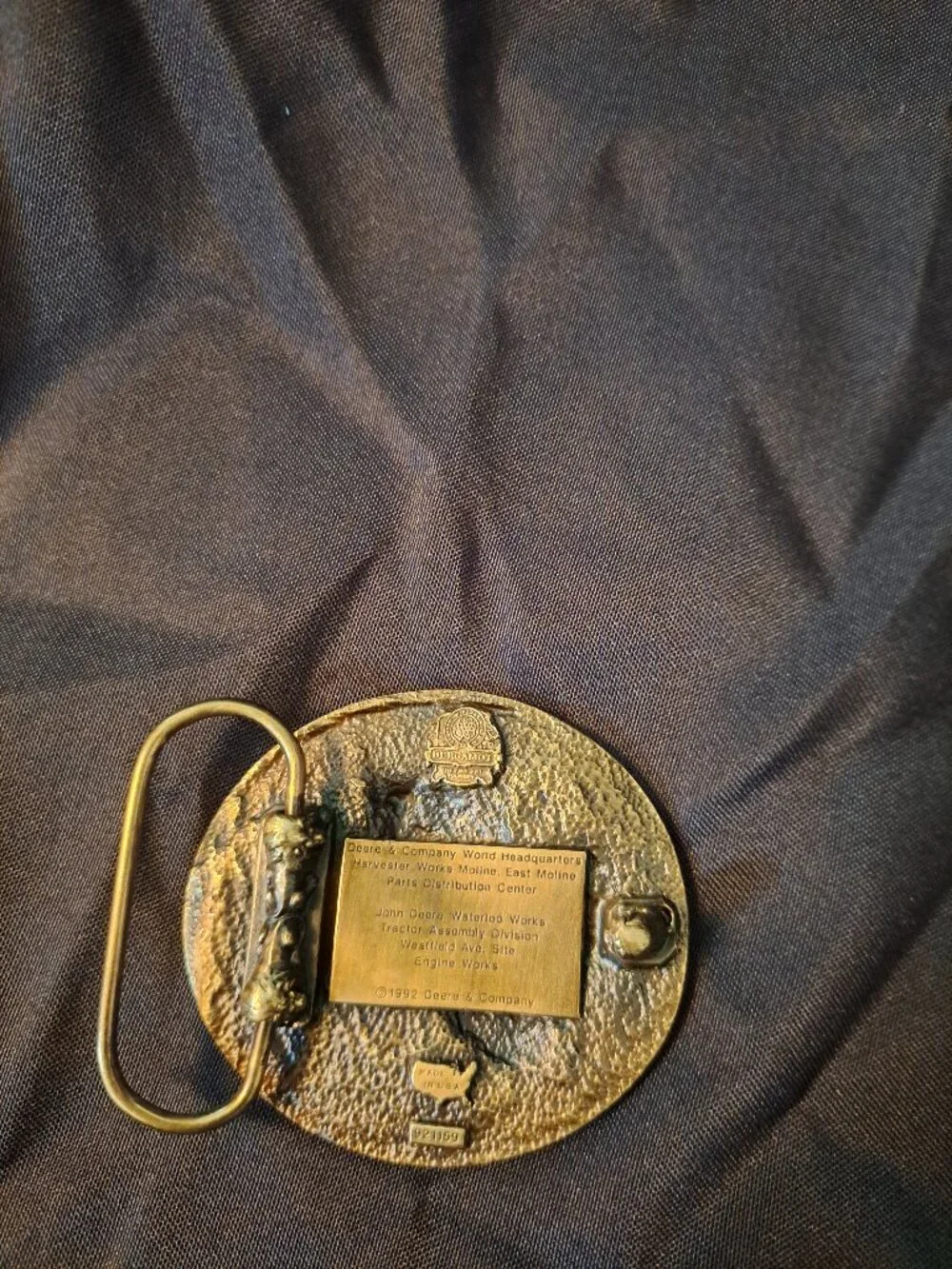 Vintage Bergamot Brass Works John Deere belt buckle with a 1992-93 Fly-In design